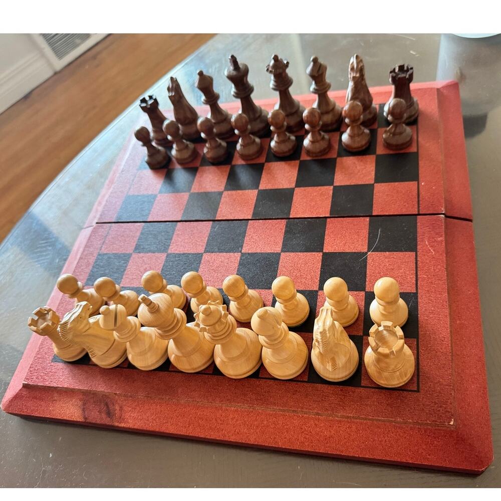 Complete Wooden Chess Set w/ Folding Red & Black Board Hand-Carved Style Pieces
